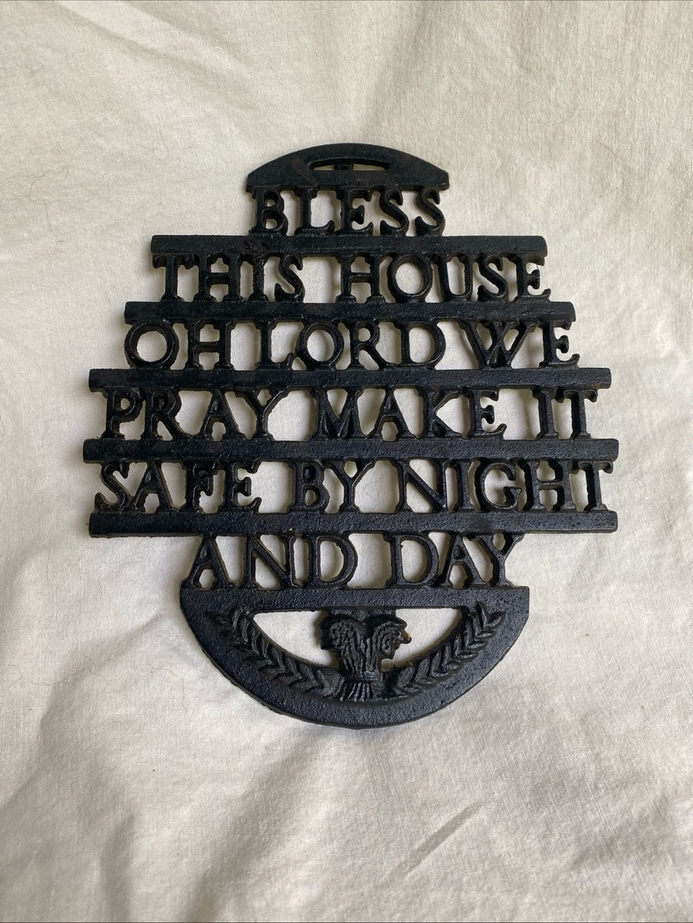Vintage Wilton Black Cast Iron Trivet Wall Hanging Hot Plate Bless This House